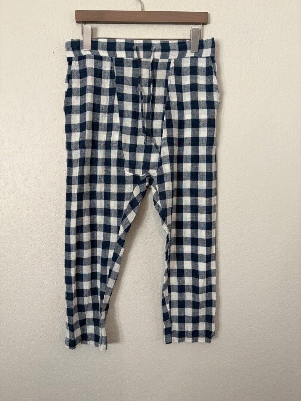 Faircloth Lagenlook Blue Checkered Gingham Harem Pants Cropped Drop Crotch Sz L
